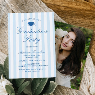 Classic Blue Stripes Photo Graduation Party Invitation