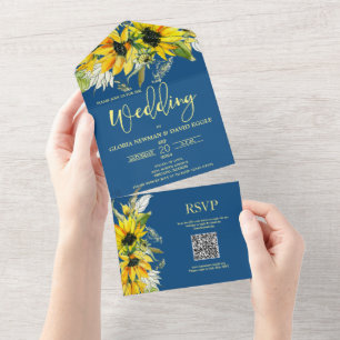 Classic Blue Sunflower QR Code All In One Invitation