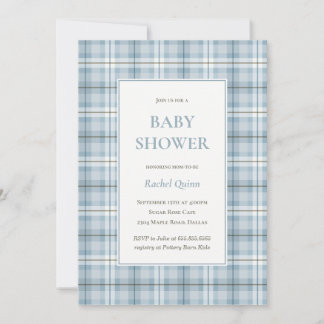Classic blue tartan plaid pattern boy baby shower invitation