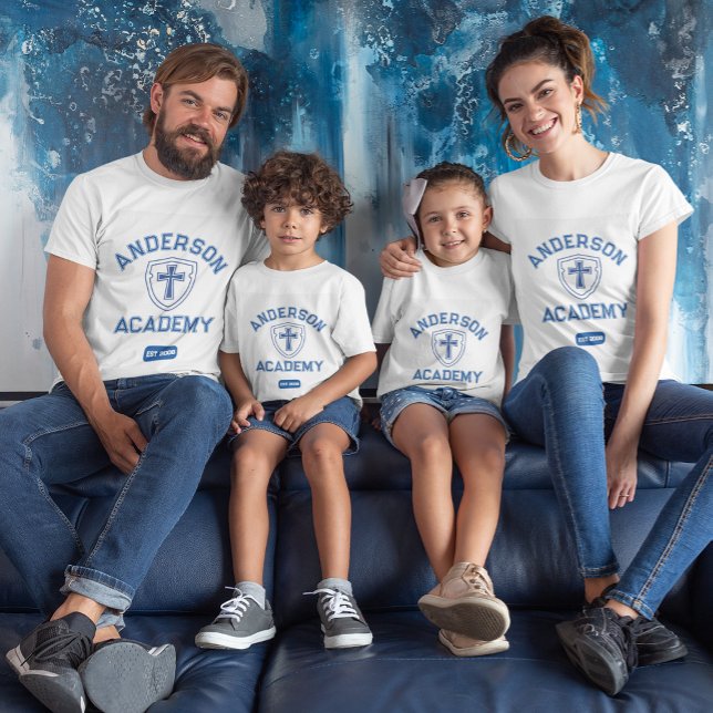 Classic Blue Text Cross and Shield Homeschool T-Shirt (Creator Uploaded)