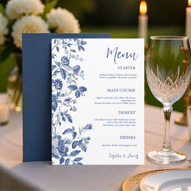 Classic Blue Toile Botanical Wedding Dinner Menu (Classic Blue Toile Botanical Wedding Dinner Menu)