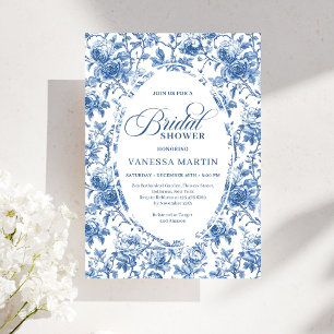 Classic Blue Toile de Jouy Floral Bridal Shower   Invitation