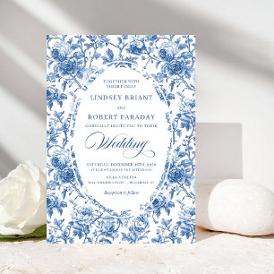 Classic Blue Toile de Jouy Roses Timeless Wedding  Invitation