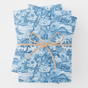 Classic Blue Toile Landscape Wrapping Paper Sheet