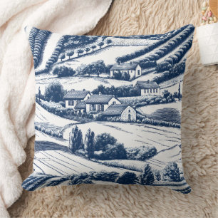 Classic Blue Toile Pastoral Landscape Vintage Throw Pillow