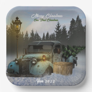 Classic blue Truck With a Christmas Tree. Paper Plate