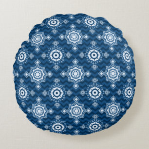 Classic Blue Two Designs Boho Style Round Pillow