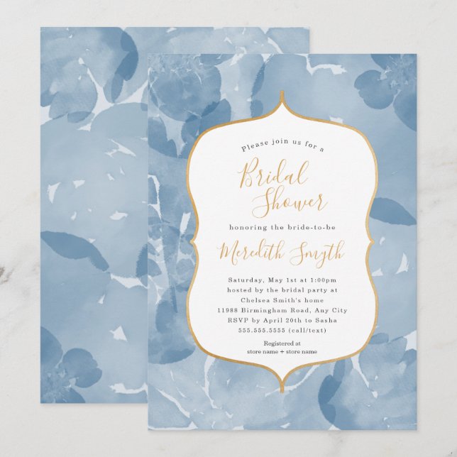 Classic Blue watercolor floral bridal shower Invitation (Front/Back)