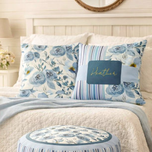 Classic Blue Watercolor Floral Striped Personalize Throw Pillow