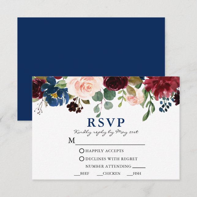 Classic Blue Watercolor Floral Wedding Meal RSVP Card (Front/Back)