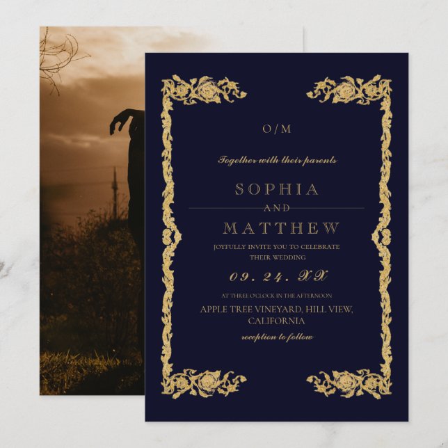 Classic Blue Wedding Photo Invitation (Devant / Derrière)