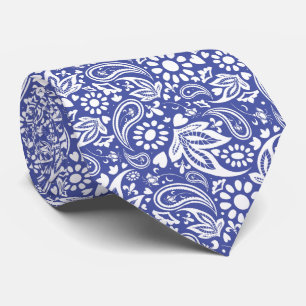 Classic Blue White Boho Chic Paisley Pattern Tie