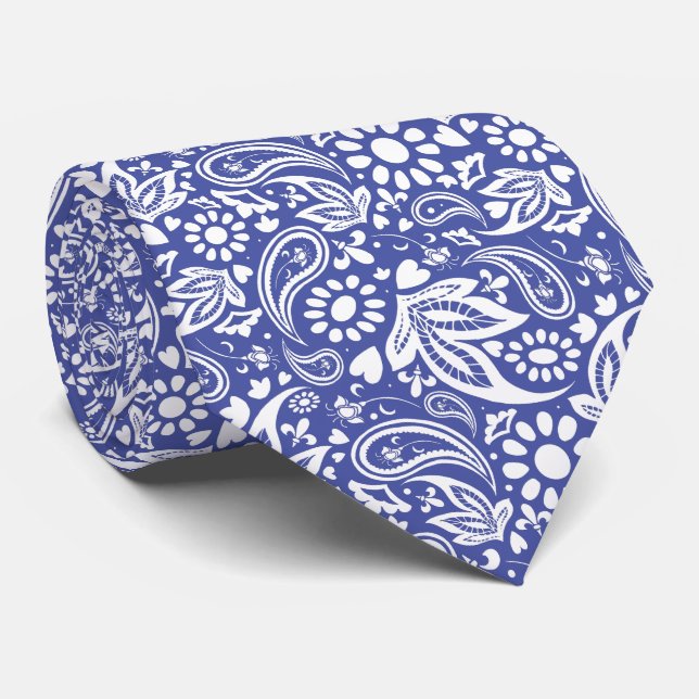 Classic Blue White Boho Chic Paisley Pattern Tie (Rolled)