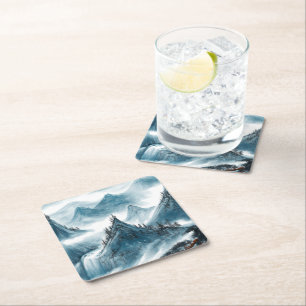 Classic Blue White Chinoiserie Mountain Landscape  Square Paper Coaster