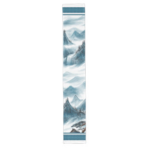 Classic Blue White Chinoiserie Mountains Painting Long Table Runner