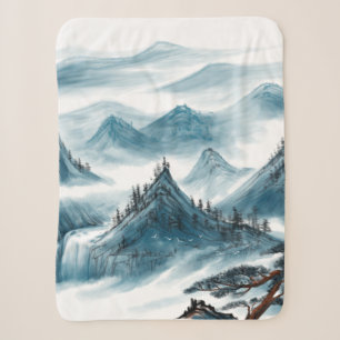 Classic Blue White Chinoiserie Mountains Painting  Sherpa Blanket
