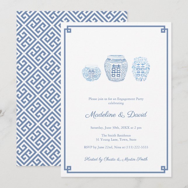 Classic Blue & White Engagement Party Dinner Invitation (Front/Back)