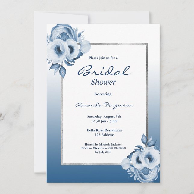 Classic blue white florals bridal shower invitation (Front)