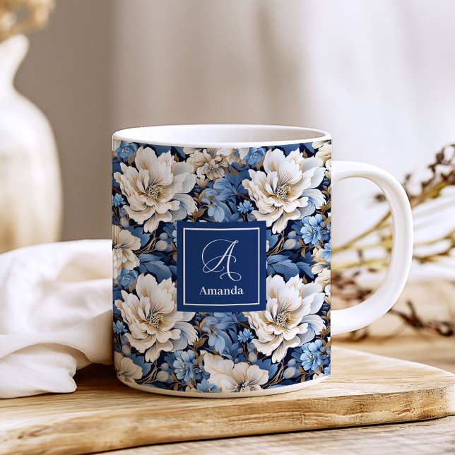 Classic Blue White Flowers Custom Name Coffee Mug (Classic Blue White Flowers Custom Name Coffee Mug)