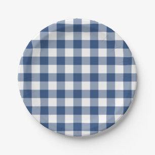 Classic Blue White Gingham Plaid Pattern Paper Plate