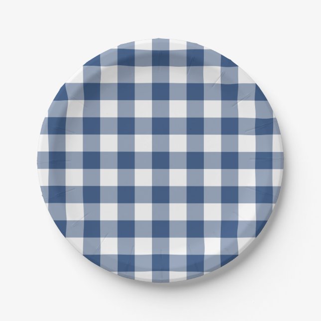 Classic Blue White Gingham Plaid Pattern Paper Plate (Front)