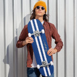 Classic Blue White Gold Monogram Racing Stripes Skateboard<br><div class="desc">Create your own custom, personalized, classic navy blue and white racing stripes, cool, stylish, classy elegant faux gold typography script, best quality hard-rock maple competition shaped skateboard deck. To customize, simply type in your name / monogram / initials. While you add / design, you'll be able to see a preview...</div>