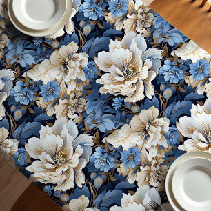 Classic Blue White Ivory Floral Dining Tablecloth