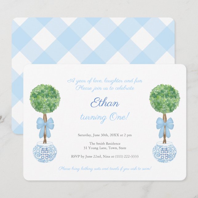 Classic Blue & White Little Boy 1st Birthday Party Invitation (Front/Back)