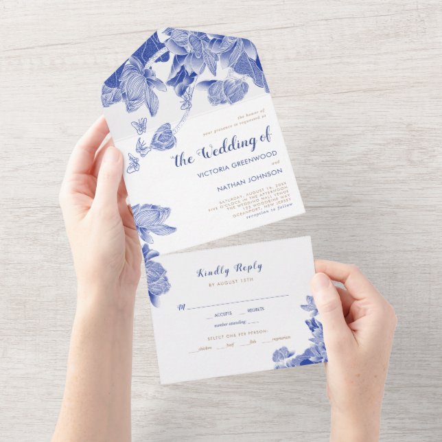 Classic Blue & White Lotus Floral Chinoiserie   All In One Invitation (Tearaway)