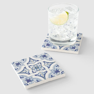 Classic Blue & White Mediterranean Tile Look Stone Coaster