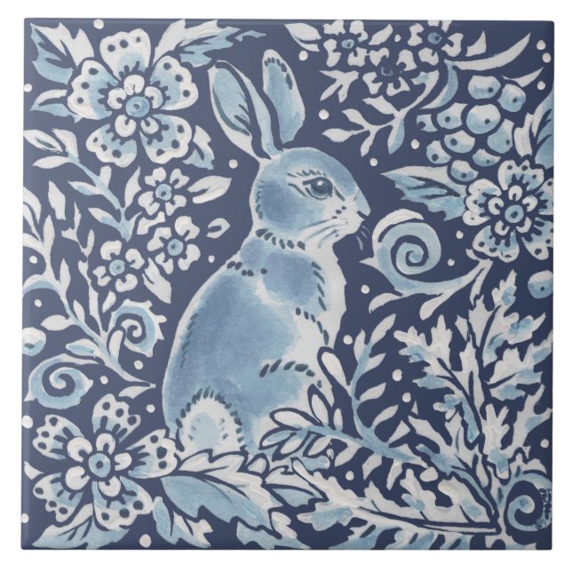 Classic Blue White Ornate Rabbit Fern Floral Art Tile (Front)