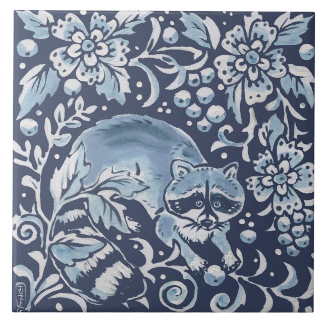 Classic Blue White Ornate Raccoon Forest Floral Tile (Front)