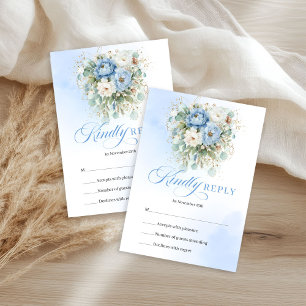 Classic Blue White Peony Eucalyptus Wedding RSVP Card