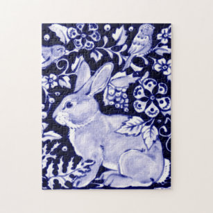 Classic Blue & White Rabbit & Birds Animal Floral Jigsaw Puzzle