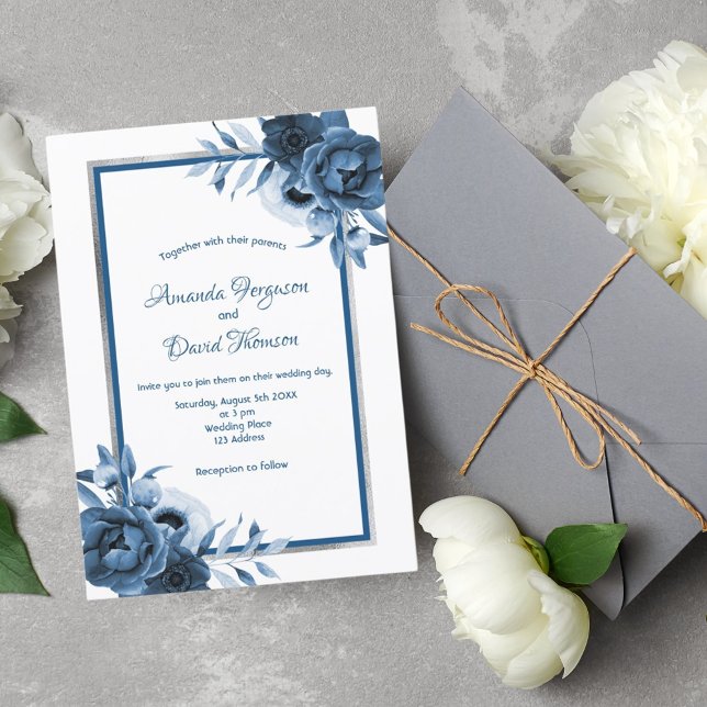 Classic blue white silver florals wedding invitation (Creator Uploaded)