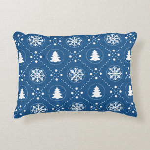 Classic Blue White Snowflake Christmas Tree Design Decorative Pillow