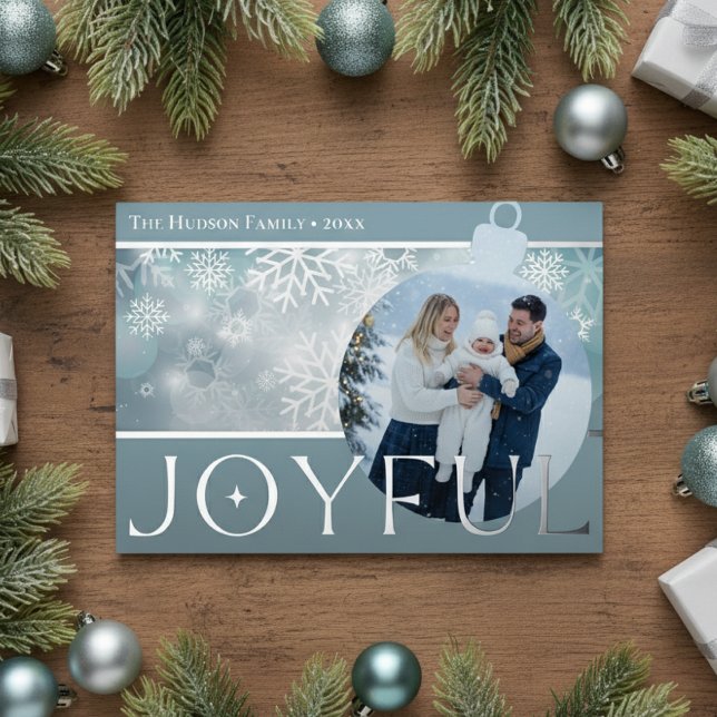Classic Blue White Snowflake Joyful Bulb Photo Foil Holiday Card (Creator Uploaded)