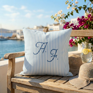 Classic Blue White Stripe Coastal Monogram Throw Pillow