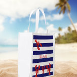 Classic blue white stripes red lobsters name reusable grocery bag<br><div class="desc">Classic nautical summer theme with blue and white stripes and red lobsters. Personalize and add Your name,  red letters.  A market tote for your summer cooking.</div>