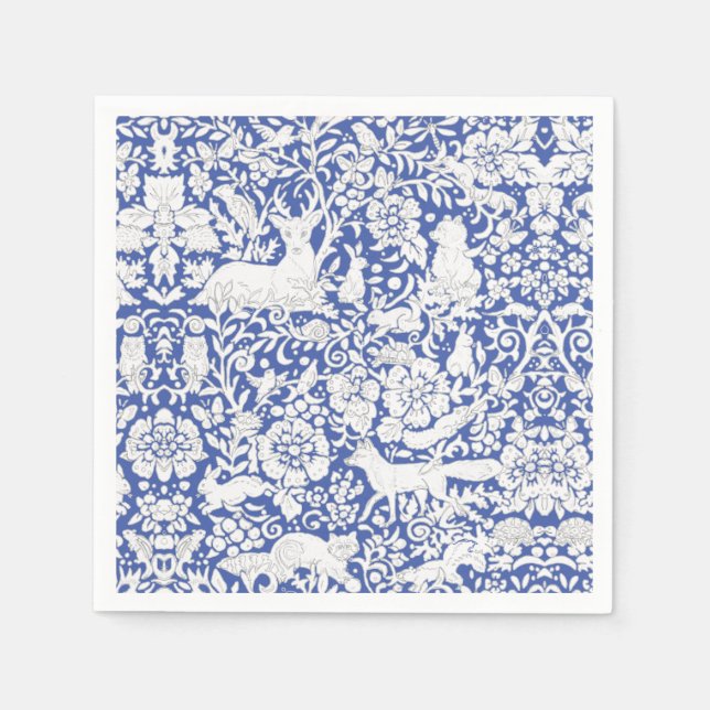 Classic Blue White Woodland Forest Animals Damask Napkin (Front)