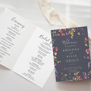 Classic Blue Wild Floral Folded Wedding  Program