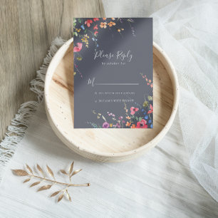Classic Blue Wild Floral Wedding RSVP Card