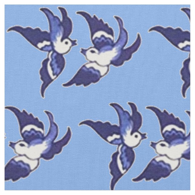 Classic Blue Willow Birds Design v2 Fabric (Close Up)
