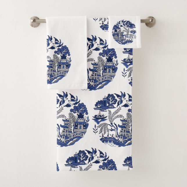 Classic Blue Willow Design Bath Towel Set (Insitu)