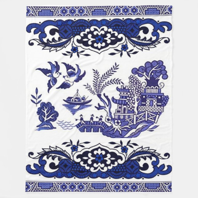 Classic Blue Willow Design Fleece Blanket (Front)