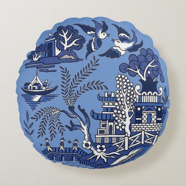 Classic Blue Willow Design Round Pillow (Front)