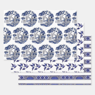 Classic Blue Willow Scene Stripe & Birds Wrapping Paper Sheet