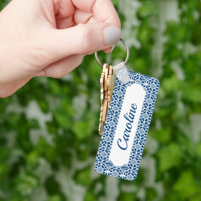 Classic Blue With White Crochet Lace Pattern Keych Keychain (Hand)