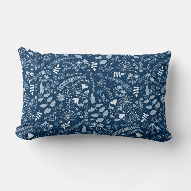 Classic Blues | Boho Floral Pattern Lumbar Pillow (Front)