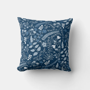 Classic Blues Hues Boho Floral Throw Pillow